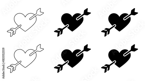 Collection of six hearts pierced by arrows, set against a white background, symbolizing love and romance. variety of styles included.