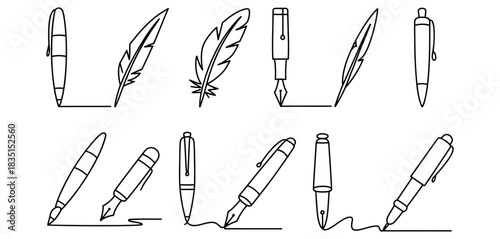 Collection of hand-drawn quill pens and modern ballpoint pens, isolated on a white background, representing writing history and tools.