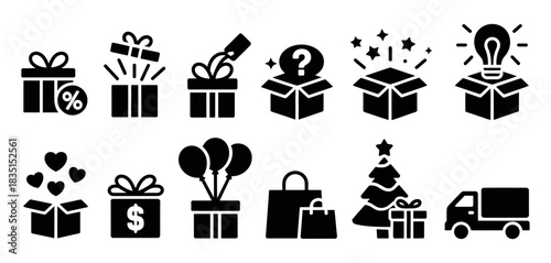 Collection of black gift box icons representing various concepts like discounts, surprise, delivery, holiday, and ideas on a white background.