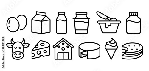 Collection of dairy product and farm related line art icons representing milk, cheese, eggs, butter, ice cream, cow, and barn for food industry concepts