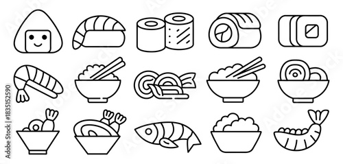 Collection of stylized japanese food icons, including sushi, sashimi, rice bowls, and shrimp, presented in a clean line art style for versatile graphic design applications. (140 characters)
