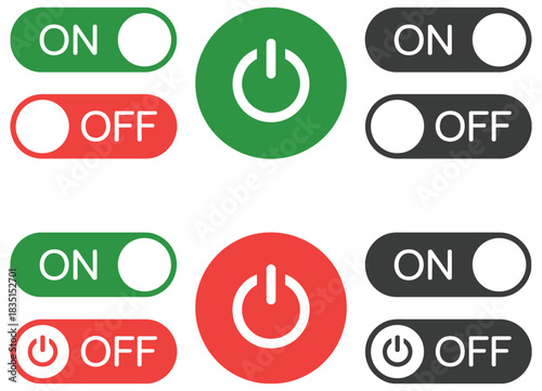 Set of turn on and off buttons, vector illustration isolated on white background, ideal for user interface design, app controls, web design, digital dashboards, UX/UI projects, interactive elements, m
