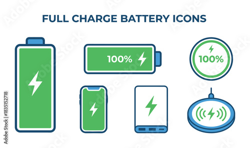 Full charge battery icons. Various styles of 100% power indicators for electronics and devices.