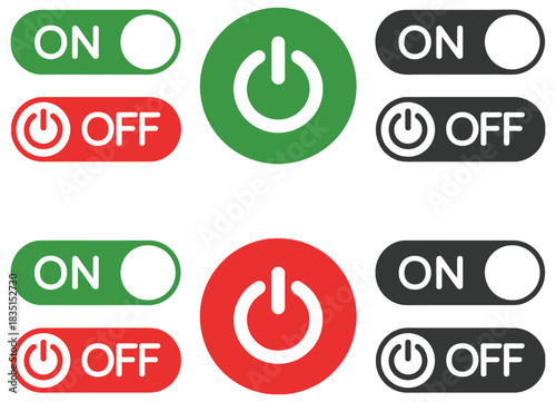 Set of turn on and off buttons, vector illustration isolated on white background, perfect for user interface design, app controls, web design, digital dashboards, UX/UI projects, interactive elements,