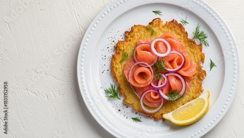 Delicious Crispy Potato Dish Topped with Smoked Salmon and Fresh Vegetables