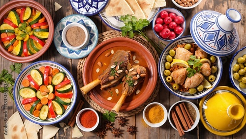 Delicious Traditional Moroccan Cuisine Spread with Colorful Dishes and Fresh Ingredients