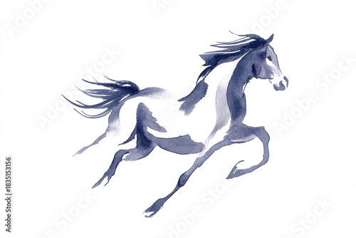 A dynamic watercolor-style galloping horse silhouette, using flowing paint and soft edges, isolated against a clean white background, suitable for commercial art, greeting card design, etc.