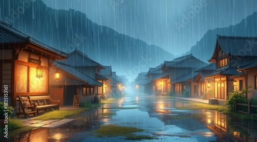 Traditional Japanese village street illuminated by warm lanterns during rainfall reflecting on wet ground surrounded by misty mountain scenery. Architecture concept