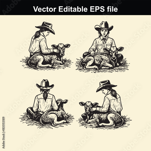 vector illustration set depicting four different views of a cowgirl or rancher sitting and caring for a small calf, presented in a vintage engraved style