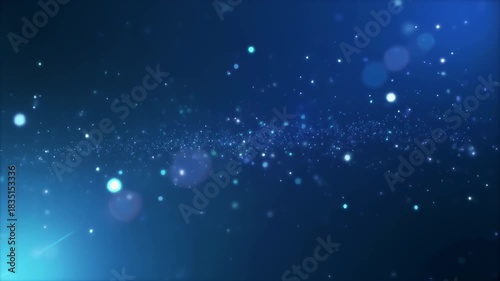 Deep blue abstract particles bokeh background with glowing light flares and shimmering dust floating in cosmic space for science technology or fantasy themes
