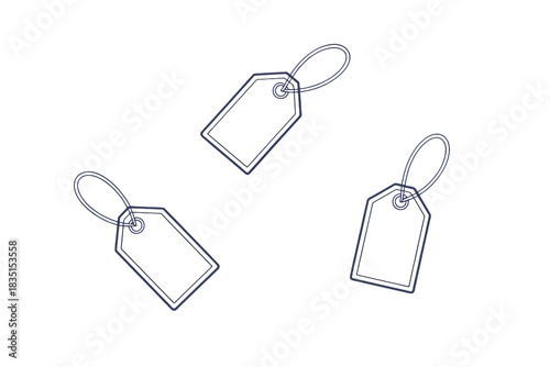 Three elegant retail tags float, a modern emblem for sales, price points, and product details, ideal for marketing and e-commerce design projects