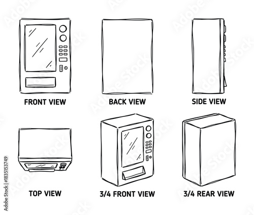 Hand drawn style drawing of a snack dispenser, automatic sales device, commercial appliance concept.