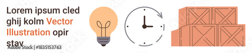 Creativity, time management, logistics, productivity, innovation, storage. Light bulb, clock and stacked crates. Creativity and time management are key elements in logistics and productivity