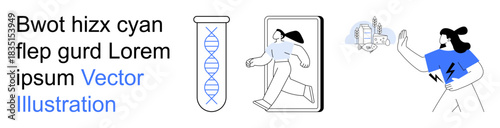 Science, genetics, technology, innovation, human behavior, futuristic design. Test tube with DNA strands, person walking tech interface. Science and genetics theme with a futuristic concept