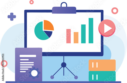 Business presentation with projector screen and chart isolated on white background