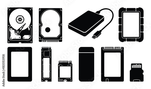 Hard drives and storage devices collection. SSD, HDD, external, and memory cards vector.