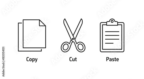 Copy Cut Paste Icons – Editable Line Art File Management Symbol Set