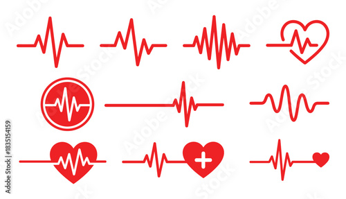Heartbeat line set, red pulse heart ecg or ekg rhythm wave, medical cardiac trace.