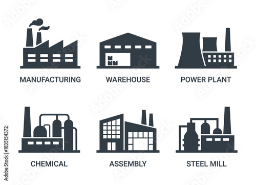 Industrial building icons set, manufacturing, warehouse, power plant, chemical, assembly and steel mill symbols.
