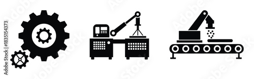 Industrial and manufacturing icons set. gears, automated machinery and production line. industrial symbols.