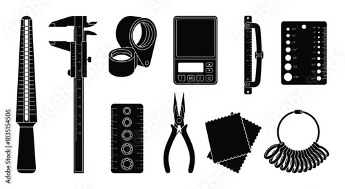 Jewelry making tools icons set. Ring sizer, caliper, loupe, scale, and polishing cloth.