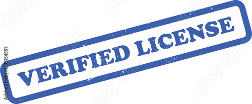 Blue Verified License Grunge Stamp on White Background, Rectangular Shape