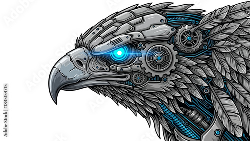 Stunning mechanical eagle head with glowing blue eye for cutting-edge designs