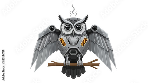 Mechanical owl perched on branch with robotic wings and steampunk aesthetic design