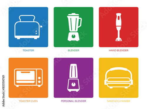 Kitchen appliance icon set. Toaster, blender, hand blender, toaster oven, personal blender, sandwich maker.
