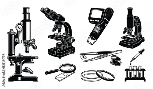 Laboratory equipment icons set. Microscopes and scientific tools. Research and experiment instruments. Science vector.