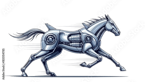 Powerful robotic horse racing forward with speed and agility on a white background