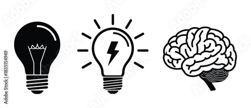 Light bulb icon. Idea icon. Brain icon. Creative symbols. Thinking and innovation elements.