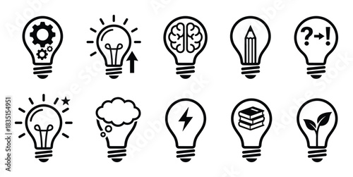 Light bulb icons set for ideas. Creativity, innovation, knowledge, inspiration, thought, solution, learning.
