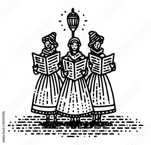 Three Christmas Carolers Singing Choir Under Street Lamp Hand Drawn Woodcut Vector
