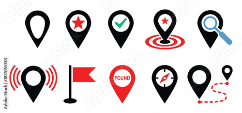 Location map pin icons. GPS navigation. Flag. Found. Search. Target. Compass. Route map pointer. Travel markers