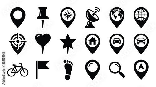 Location pin icons for maps, navigation, place, target, home, and vehicle tracking