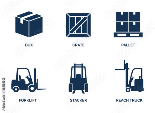 Logistics and delivery icons. Box crate pallet forklift stacker and reach truck symbols.