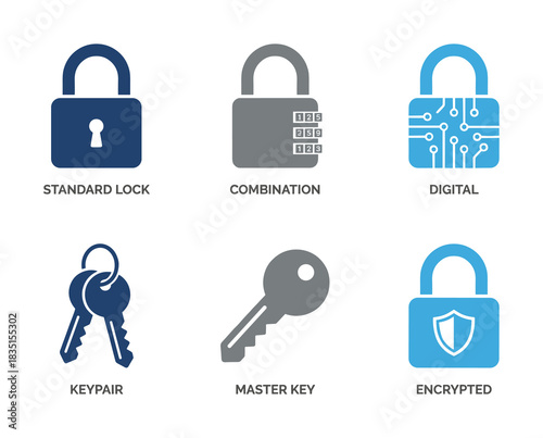 Lock and key icons, standard lock, combination, digital, keypair, master key, encrypted