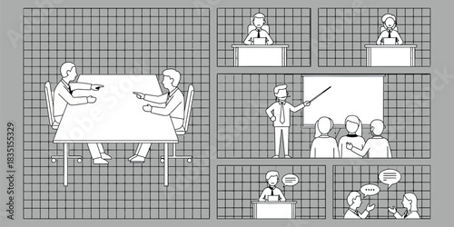Collaborative Business Discussions Two Businessmen Debating at a Meeting Table with Presentations, Teamwork, Communication, and Presentations in Black and White vector illustration. 