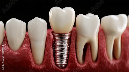 Detailed rendering of a dental implant with surrounding teeth and gum. A prosthetic tooth is in place