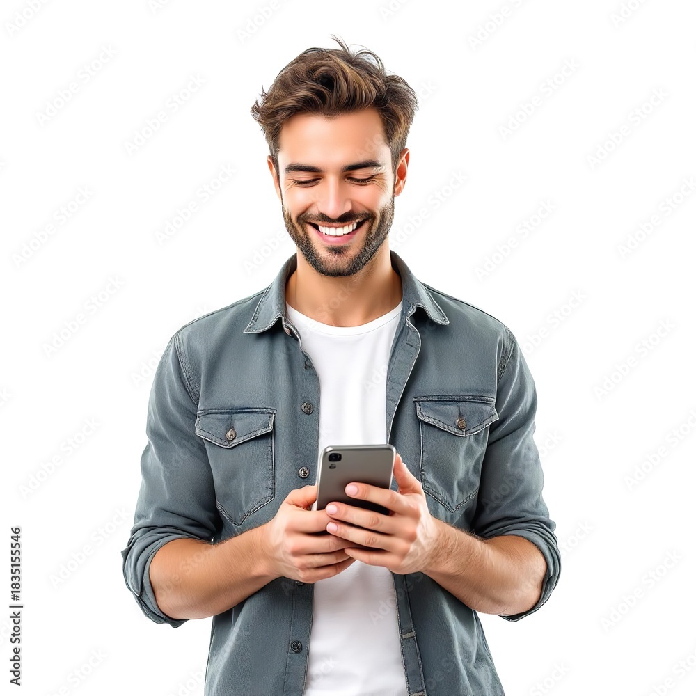 Fototapeta premium Man with beard smiling while looking at a phone in his hands against a white background in a studio shot