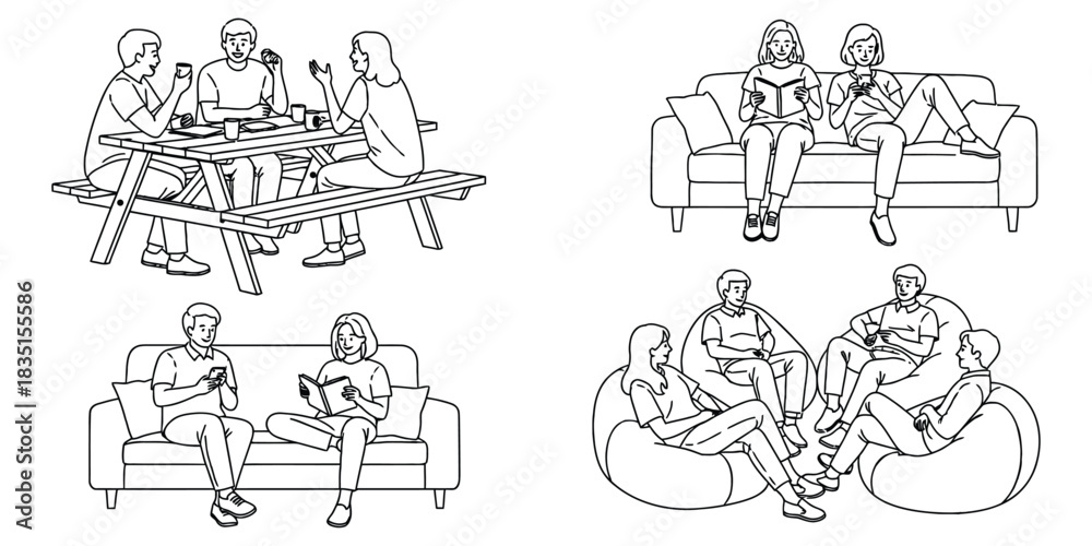Fototapeta premium Leisure Socializing Pictogram Collection Featuring People Interacting Line Art Illustration. Style for Diverse Group Activities and Conversational Scenarios elements. 