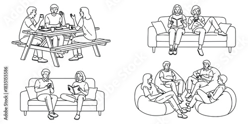 Leisure Socializing Pictogram Collection Featuring People Interacting Line Art Illustration. Style for Diverse Group Activities and Conversational Scenarios elements. 