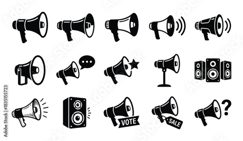 Megaphone and speaker icons for announcements, communication, marketing, and sound