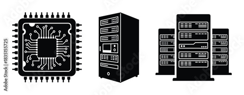 Microchip, single server rack, and multiple server racks icons; symbols of data and technology infrastructure