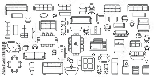 Detailed House Interior Layout, Elegant Room Plan Collection, Top-Down Apartment View Complete Architectural Outline, Minimalist House Floorplan Interior Perspective Vector. 