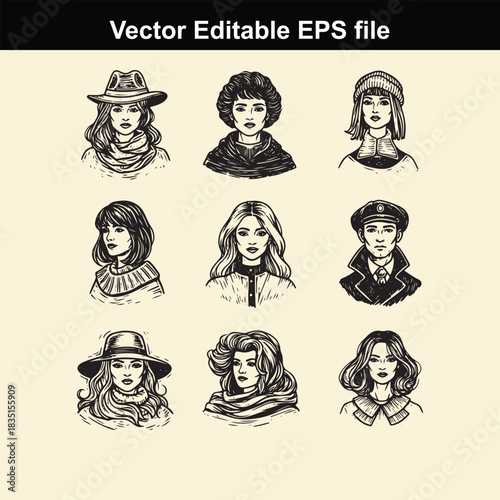 collection of nine vintage style female portrait illustrations featuring different hairstyles, hats, and neckwear, presented as a vector editable eps file