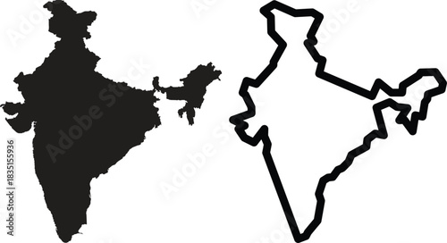 Outline of India's Geographical Map Vector Illustration, Black and White Icon