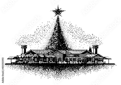 Large Christmas Tree Behind Winter Building Architecture Stipple Dotwork Vector