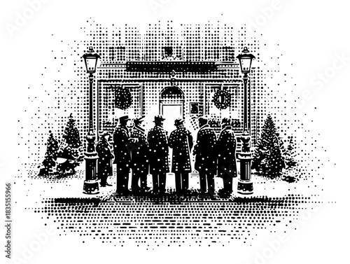 Group of Men Carolers Singing in Street Under Lamps Vintage Stipple Vector